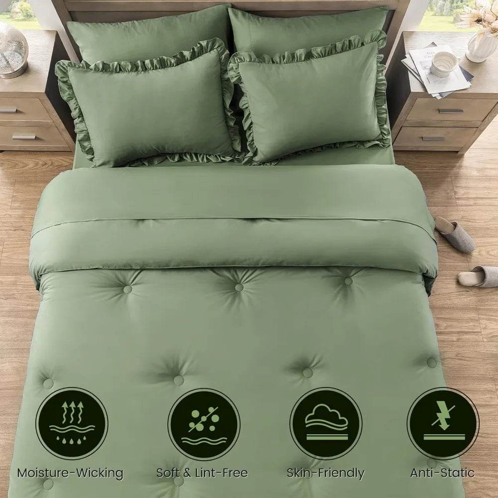 Bedding Set, 7 Pieces King Comforter Set in Green Ruffle, Shabby Chic Bed in A Bag with Premium Brushed Microfiber, Bedding - Omega Lifestyles