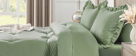 Bedding Set, 7 Pieces King Comforter Set in Green Ruffle, Shabby Chic Bed in A Bag with Premium Brushed Microfiber, Bedding - Omega Lifestyles