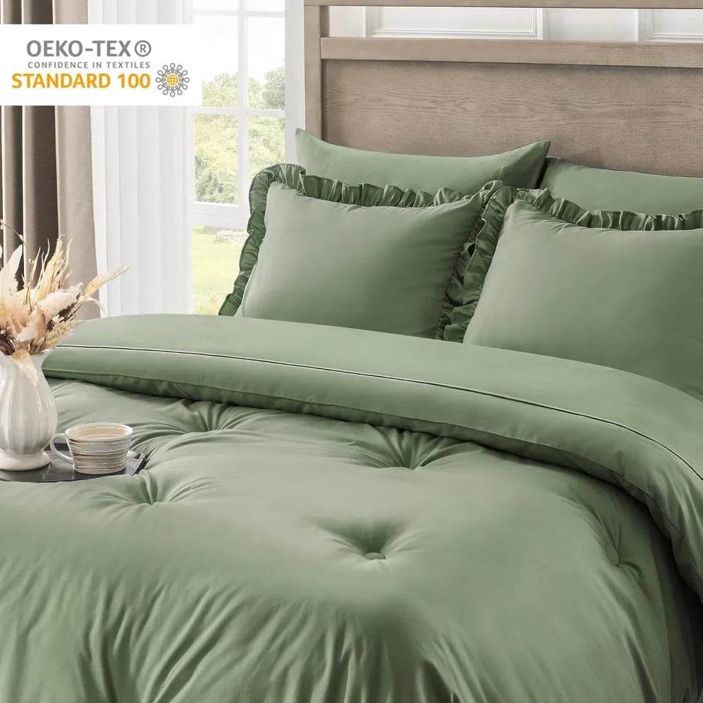 Bedding Set, 7 Pieces King Comforter Set in Green Ruffle, Shabby Chic Bed in A Bag with Premium Brushed Microfiber, Bedding - Omega Lifestyles