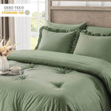 Bedding Set, 7 Pieces King Comforter Set in Green Ruffle, Shabby Chic Bed in A Bag with Premium Brushed Microfiber, Bedding - Omega Lifestyles