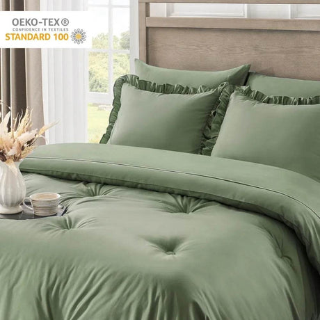 Bedding Set, 7 Pieces King Comforter Set in Green Ruffle, Shabby Chic Bed in A Bag with Premium Brushed Microfiber, Bedding - Omega Lifestyles