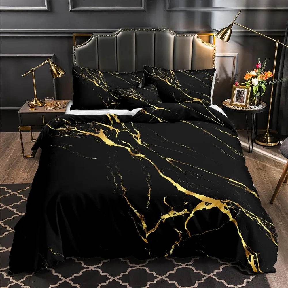Black Marble Comforter Set Queen Size Gold Metallic Marble Comforter Set Black Gold Marble Pattern Modern Luxury Bedding Set 4 - Omega Lifestyles