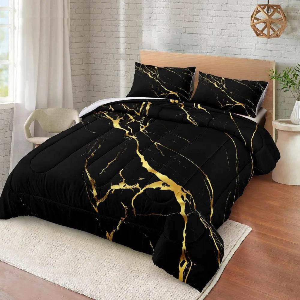 Black Marble Comforter Set Queen Size Gold Metallic Marble Comforter Set Black Gold Marble Pattern Modern Luxury Bedding Set 4 - Omega Lifestyles