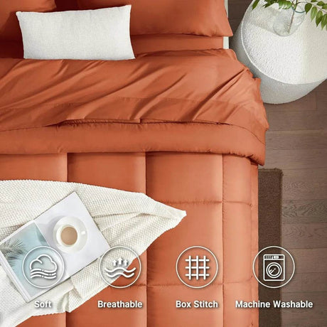 Burnt Orange Full Size Comforter Sets - 7 Pieces Bed in a Bag, Lightweight Goose Down Alternative Bedding Sets with All Season - Omega Lifestyles