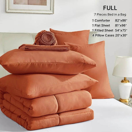 Burnt Orange Full Size Comforter Sets - 7 Pieces Bed in a Bag, Lightweight Goose Down Alternative Bedding Sets with All Season - Omega Lifestyles