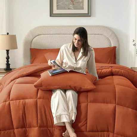 Burnt Orange Full Size Comforter Sets - 7 Pieces Bed in a Bag, Lightweight Goose Down Alternative Bedding Sets with All Season - Omega Lifestyles