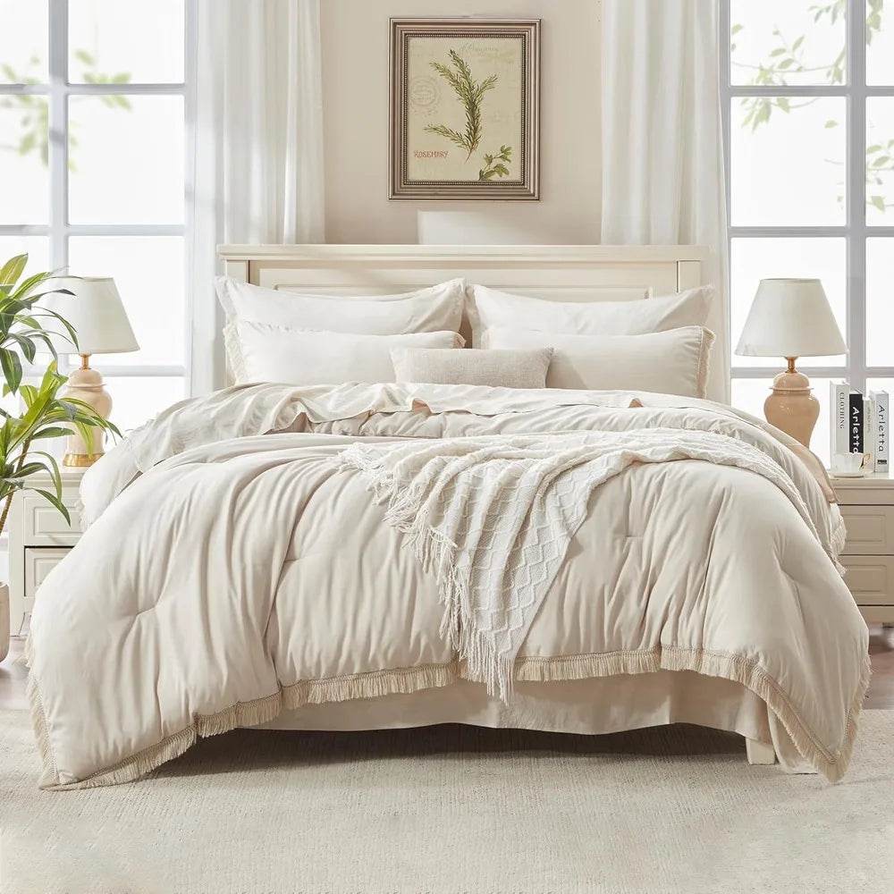 Comforter Set King Size, with Sheets 7 Pieces Boho Tassel Bed in a Bag Soft Lightweight Bedding Sets, All Season Fringe Bed Set - Omega Lifestyles