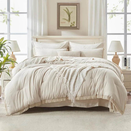 Comforter Set King Size, with Sheets 7 Pieces Boho Tassel Bed in a Bag Soft Lightweight Bedding Sets, All Season Fringe Bed Set - Omega Lifestyles