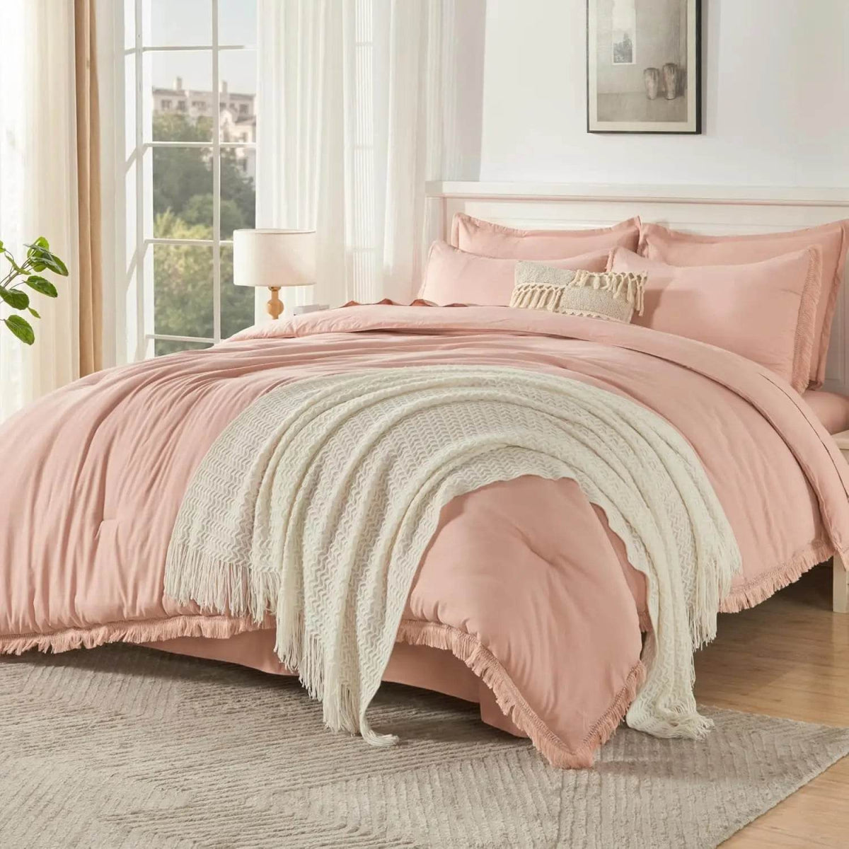 Comforter Set King Size, with Sheets 7 Pieces Boho Tassel Bed in a Bag Soft Lightweight Bedding Sets, All Season Fringe Bed Set - Omega Lifestyles