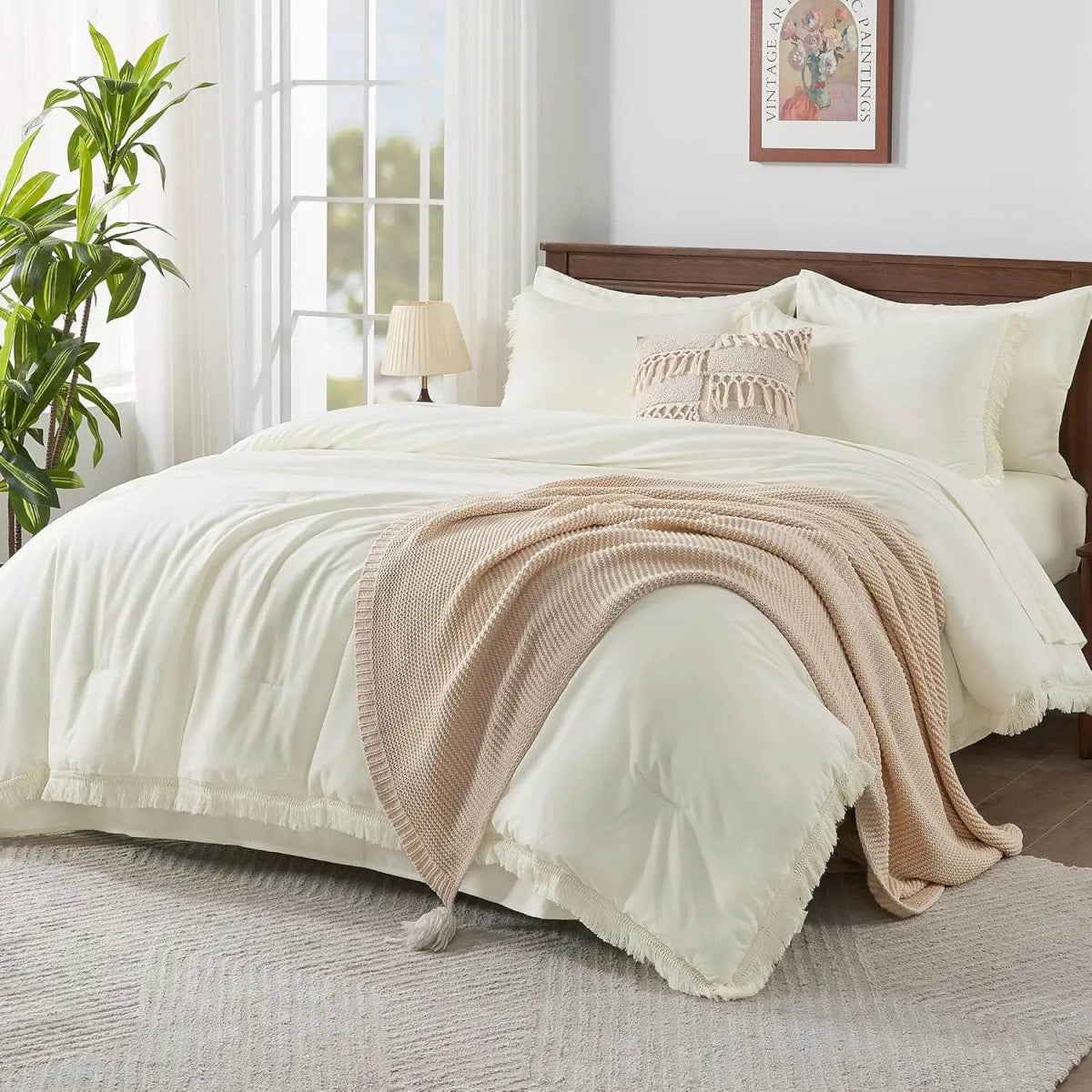 Comforter Set King Size, with Sheets 7 Pieces Boho Tassel Bed in a Bag Soft Lightweight Bedding Sets, All Season Fringe Bed Set - Omega Lifestyles