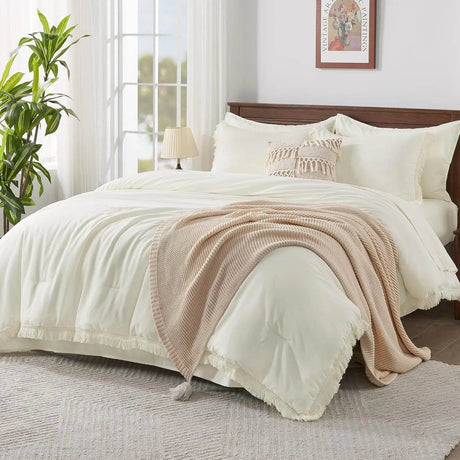 Comforter Set King Size, with Sheets 7 Pieces Boho Tassel Bed in a Bag Soft Lightweight Bedding Sets, All Season Fringe Bed Set - Omega Lifestyles