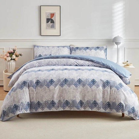 Duvet Cover Set, Bohemian Aztec Blue White Cream Bohemian Geometric Duvet Cover Set, Super Soft Lightweight 3 Piece Bedding Set - Sleep Galleria