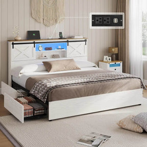 Farmhouse Bed Frame California King Size with 4 Storage Drawers, Wooden Platform Cal King Beds with Charging Station and LED - Omega Lifestyles