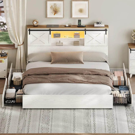 Farmhouse Bed Frame California King Size with 4 Storage Drawers, Wooden Platform Cal King Beds with Charging Station and LED - Omega Lifestyles