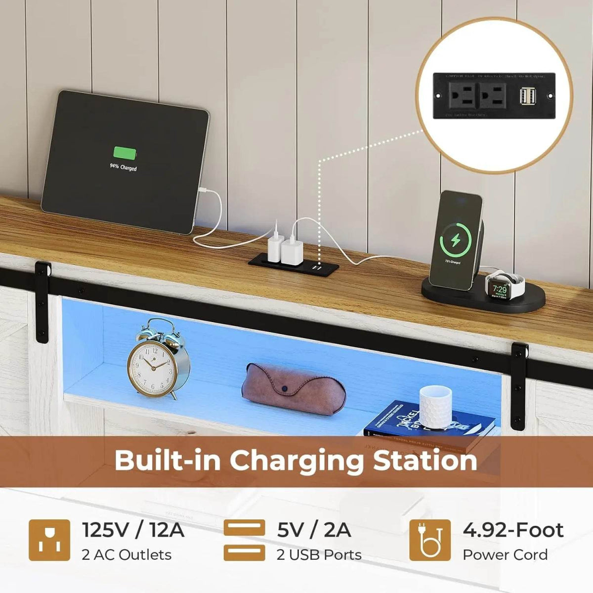 Farmhouse Bed Frame California King Size with 4 Storage Drawers, Wooden Platform Cal King Beds with Charging Station and LED - Omega Lifestyles