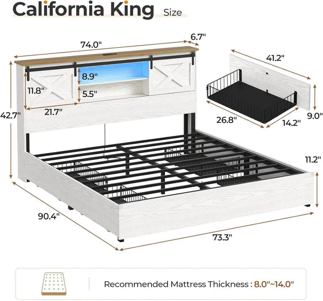 Farmhouse Bed Frame California King Size with 4 Storage Drawers, Wooden Platform Cal King Beds with Charging Station and LED - Omega Lifestyles