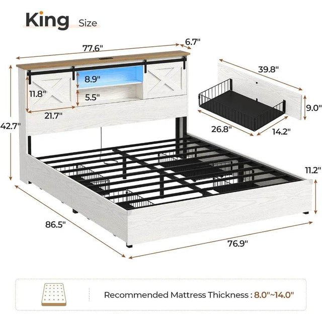 Farmhouse Bed Frame King Size with 4 Storage Drawers, Wooden Platform King Beds with Charging Station and LED Lights - Omega Lifestyles