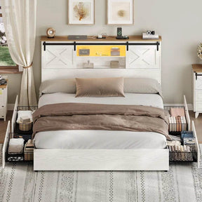 Farmhouse Bed Frame King Size with 4 Storage Drawers, Wooden Platform King Beds with Charging Station and LED Lights - Omega Lifestyles