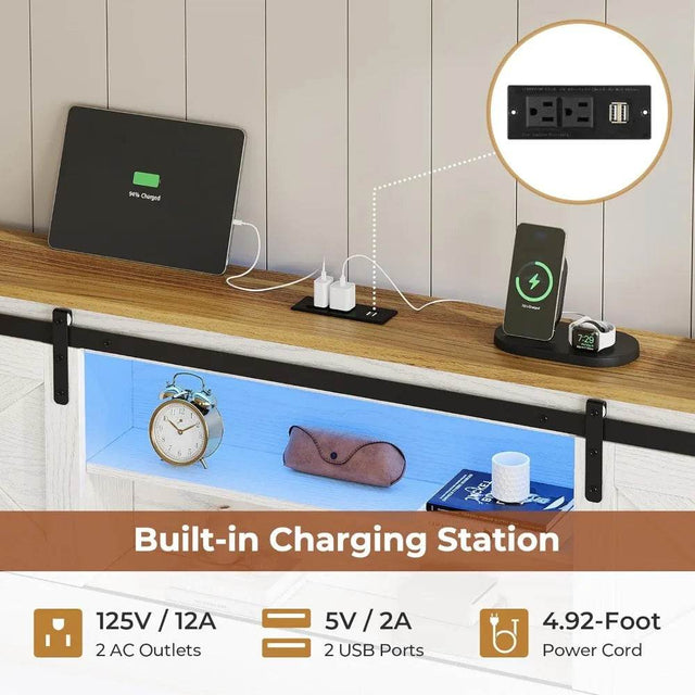 Farmhouse Bed Frame King Size with 4 Storage Drawers, Wooden Platform King Beds with Charging Station and LED Lights - Omega Lifestyles
