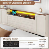 Farmhouse Bed Frame with Headboard and Double Barn Door Storage Cabinets Wooden Bed Frame with Charging Station 4 Drawers and LE - Omega Lifestyles