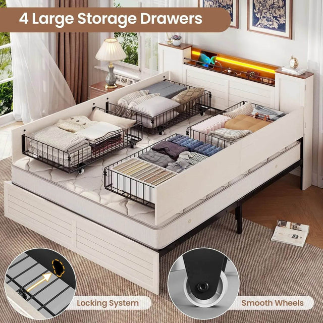 Farmhouse Bed Frame with Headboard and Double Barn Door Storage Cabinets Wooden Bed Frame with Charging Station 4 Drawers and LE - Omega Lifestyles