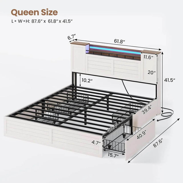 Farmhouse Bed Frame with Headboard and Double Barn Door Storage Cabinets Wooden Bed Frame with Charging Station 4 Drawers and LE - Omega Lifestyles