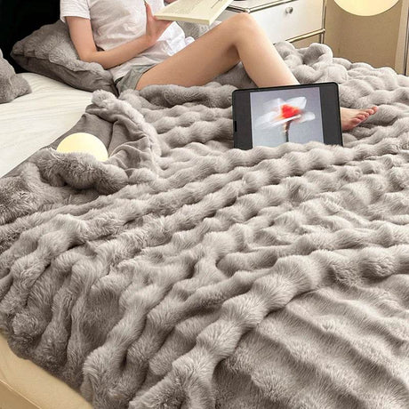 Faux Fur Throw Blanket for Couch, Cozy Warm Plush Striped Blanket for Sofa Bedroom Living Room, All Season Use - Sleep Galleria
