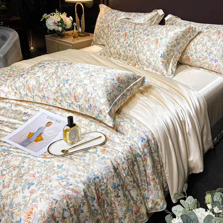 Floral Duvet Cover King Size, with Flat Sheet, 4 Pieces Satin Soft Bedding, 1 Breathable Duvet Cover 104x90 Inches, Bedding Set - Omega Lifestyles