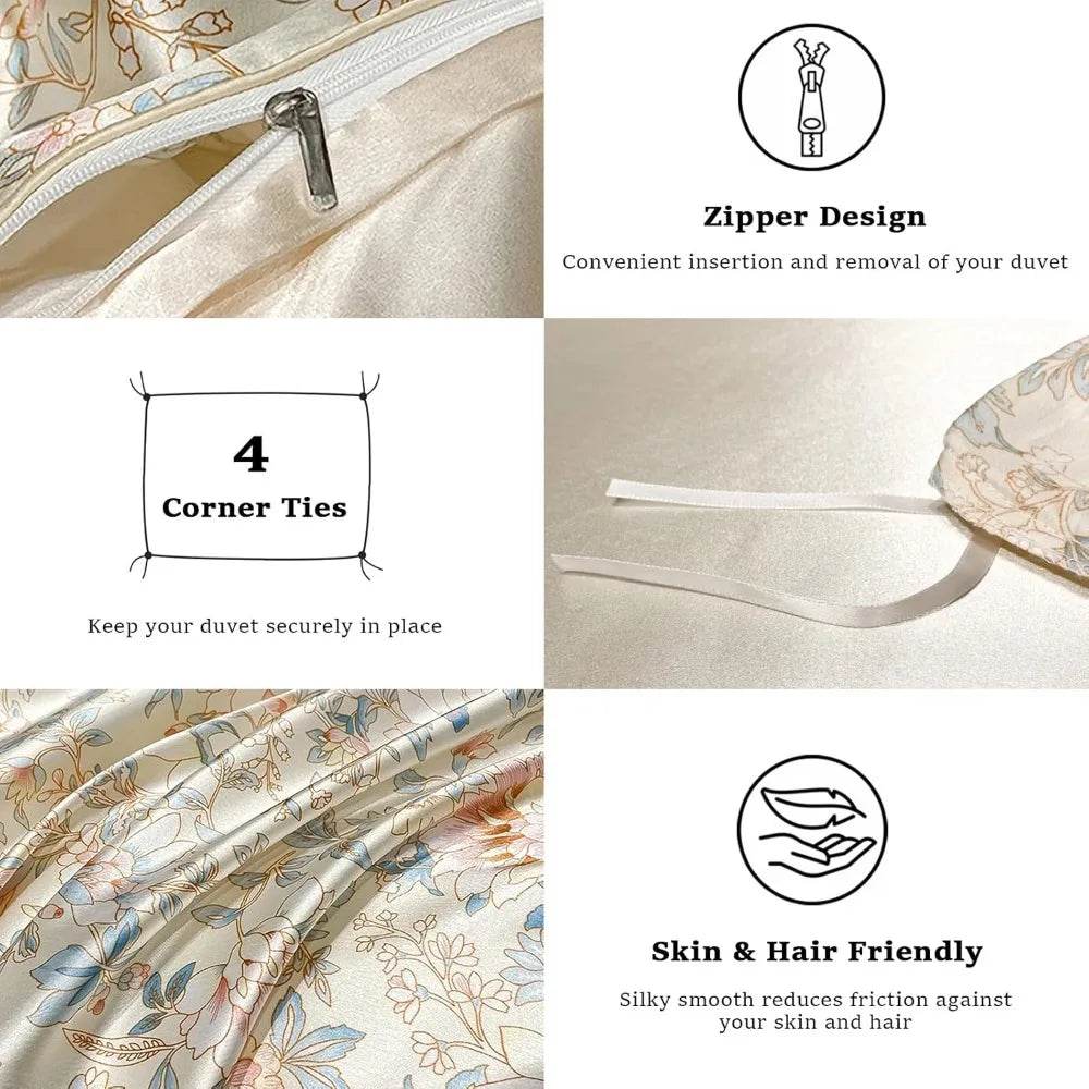 Floral Duvet Cover King Size, with Flat Sheet, 4 Pieces Satin Soft Bedding, 1 Breathable Duvet Cover 104x90 Inches, Bedding Set - Omega Lifestyles