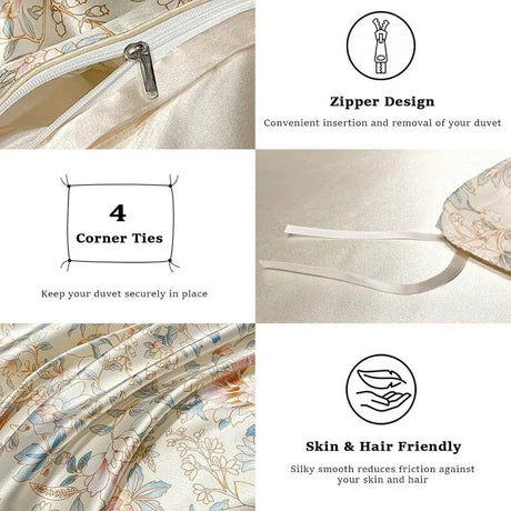 Floral Duvet Cover King Size, with Flat Sheet, 4 Pieces Satin Soft Bedding, 1 Breathable Duvet Cover 104x90 Inches, Bedding Set - Omega Lifestyles