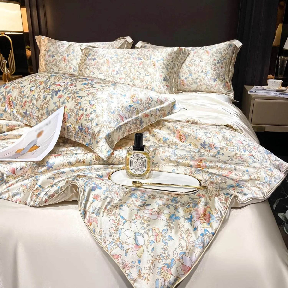 Floral Duvet Cover King Size, with Flat Sheet, 4 Pieces Satin Soft Bedding, 1 Breathable Duvet Cover 104x90 Inches, Bedding Set - Omega Lifestyles