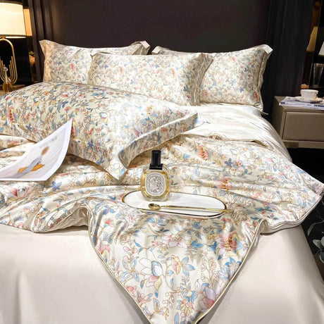 Floral Duvet Cover King Size, with Flat Sheet, 4 Pieces Satin Soft Bedding, 1 Breathable Duvet Cover 104x90 Inches, Bedding Set - Omega Lifestyles