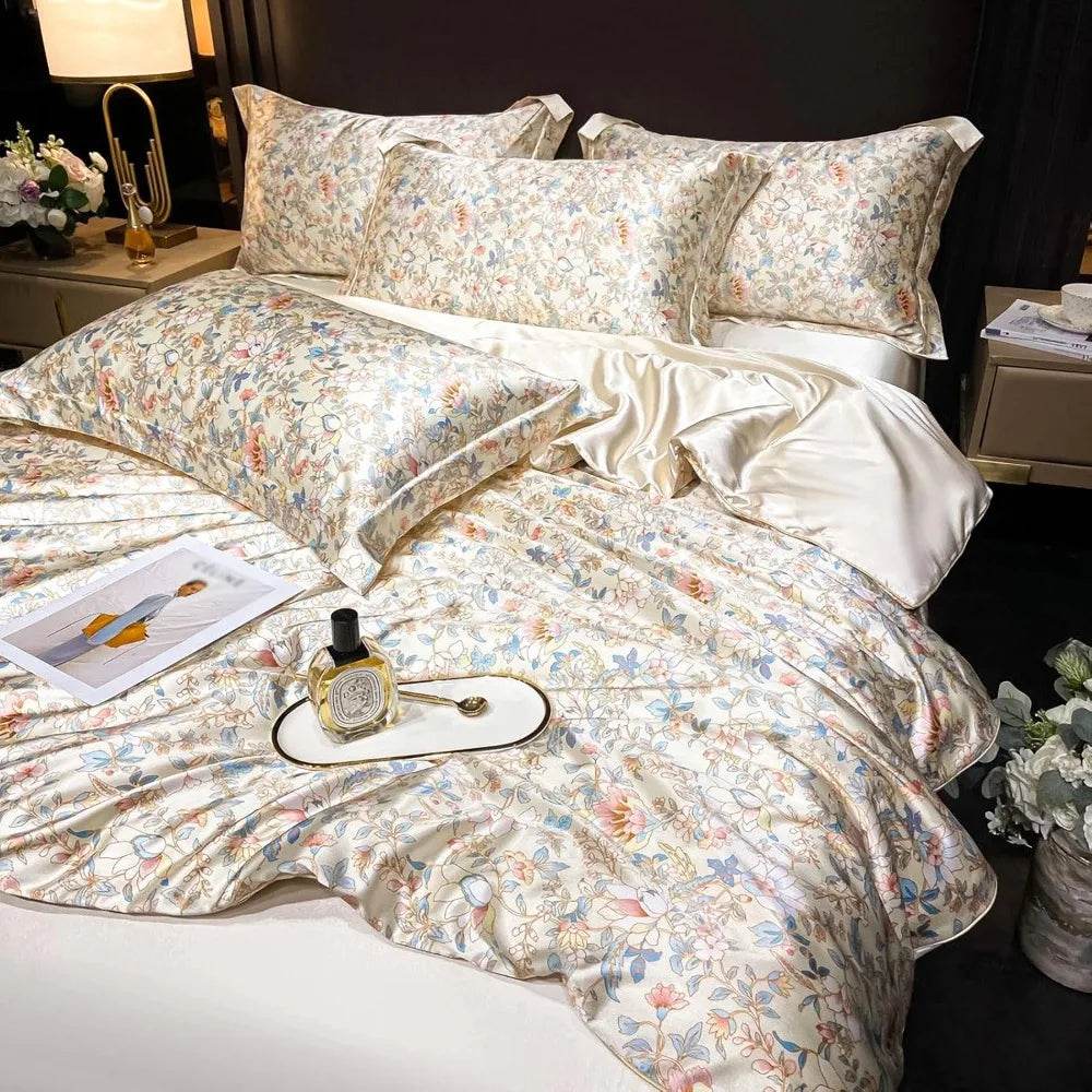 Floral Duvet Cover King Size, with Flat Sheet, 4 Pieces Satin Soft Bedding, 1 Breathable Duvet Cover 104x90 Inches, Bedding Set - Omega Lifestyles