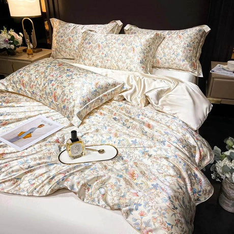 Floral Duvet Cover King Size, with Flat Sheet, 4 Pieces Satin Soft Bedding, 1 Breathable Duvet Cover 104x90 Inches, Bedding Set - Omega Lifestyles