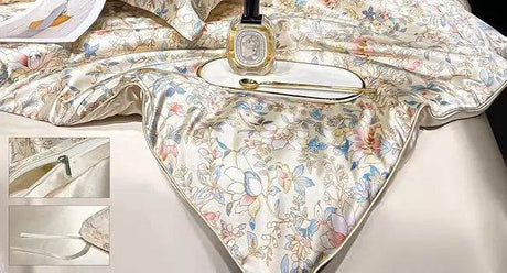 Floral Duvet Cover King Size, with Flat Sheet, 4 Pieces Satin Soft Bedding, 1 Breathable Duvet Cover 104x90 Inches, Bedding Set - Omega Lifestyles