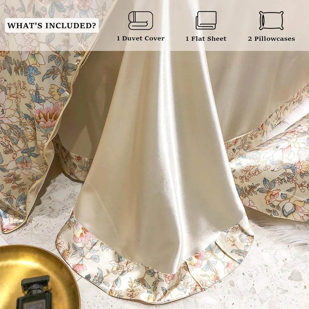 Floral Duvet Cover King Size, with Flat Sheet, 4 Pieces Satin Soft Bedding, 1 Breathable Duvet Cover 104x90 Inches, Bedding Set - Omega Lifestyles