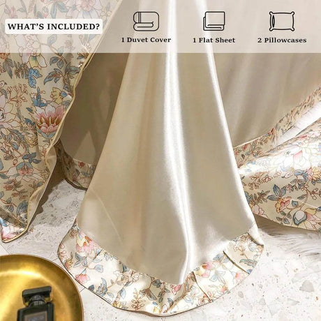 Floral Duvet Cover King Size, with Flat Sheet, 4 Pieces Satin Soft Bedding, 1 Breathable Duvet Cover 104x90 Inches, Bedding Set - Omega Lifestyles