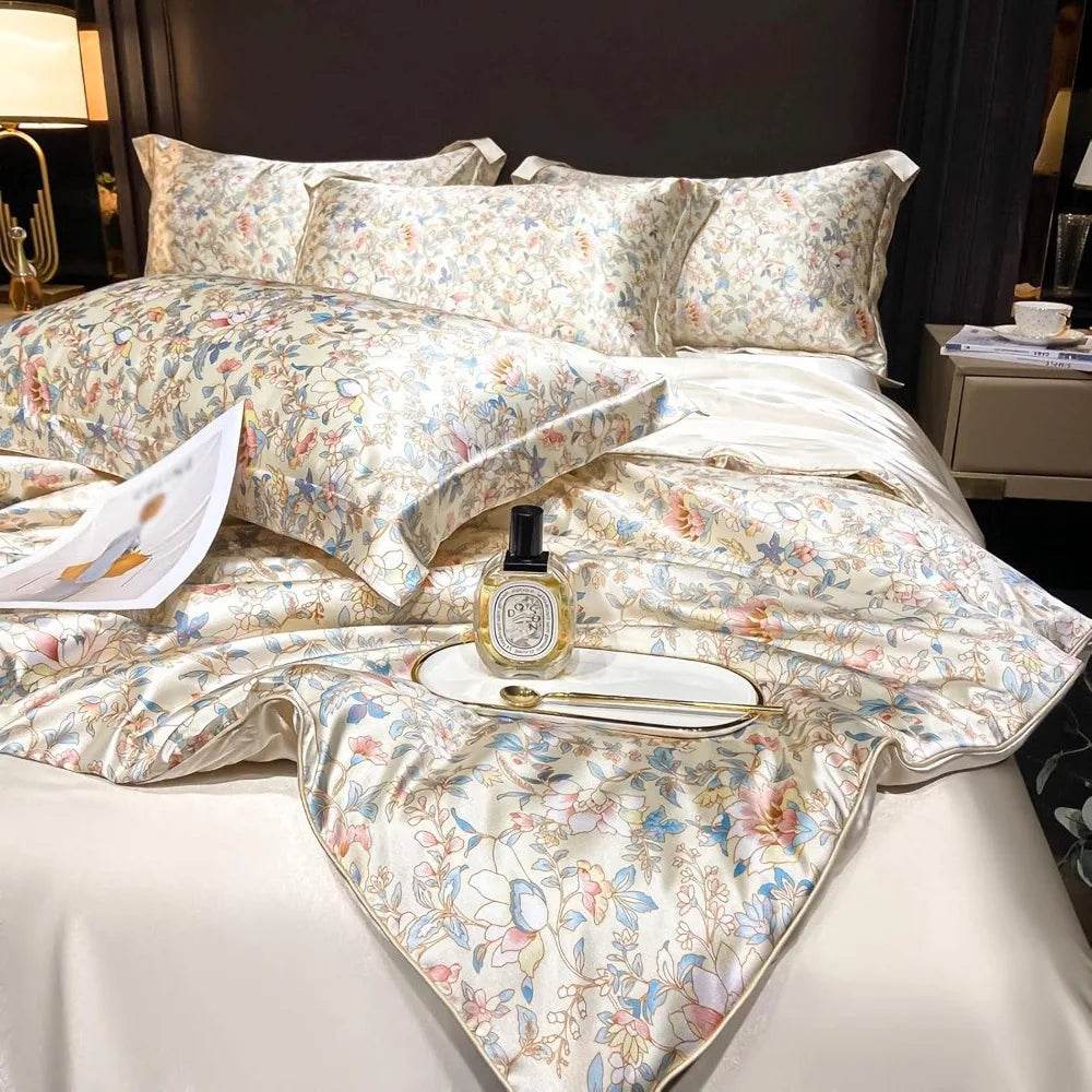 Floral Duvet Cover King Size, with Flat Sheet, 4 Pieces Satin Soft Bedding, 1 Breathable Duvet Cover 104x90 Inches, Bedding Set - Omega Lifestyles