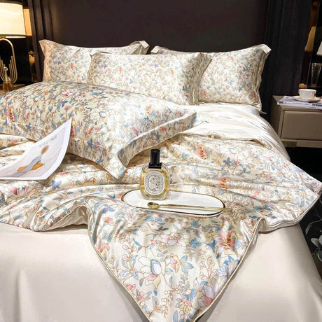 Floral Duvet Cover King Size, with Flat Sheet, 4 Pieces Satin Soft Bedding, 1 Breathable Duvet Cover 104x90 Inches, Bedding Set - Omega Lifestyles