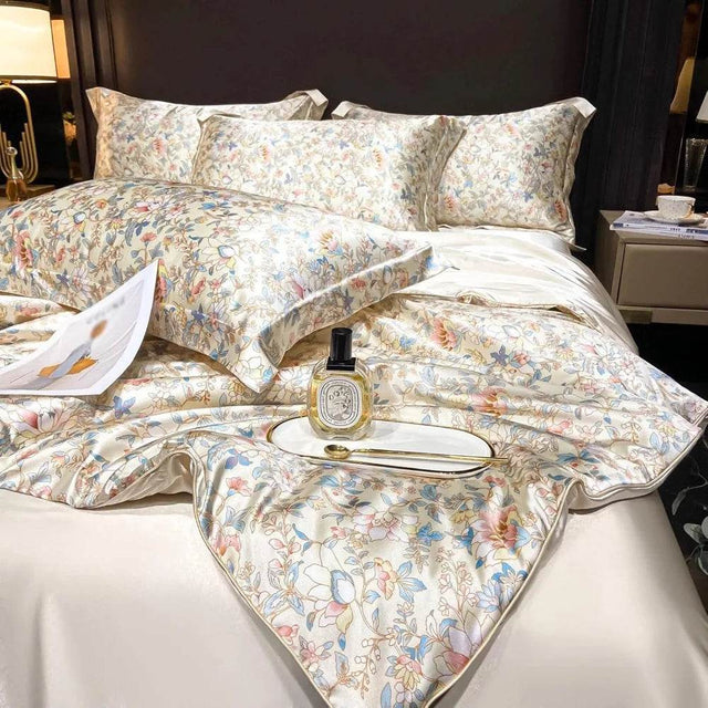 Floral Duvet Cover King Size, with Flat Sheet, 4 Pieces Satin Soft Bedding, 1 Breathable Duvet Cover 104x90 Inches, Bedding Set - Omega Lifestyles