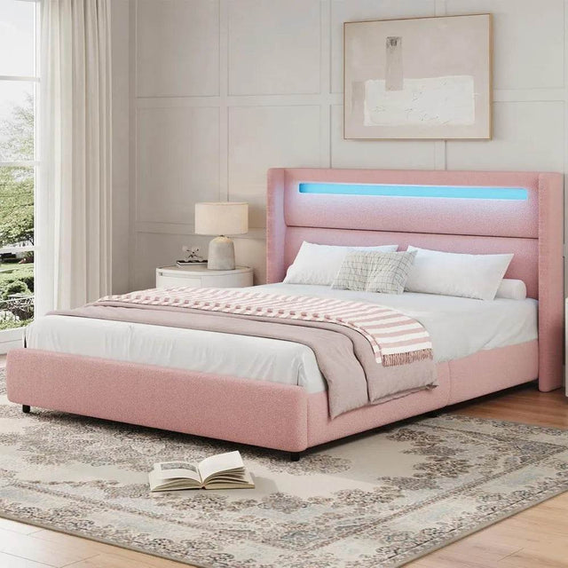 Frame with LED Lights and Headboard, Boucle Upholstered Platform Bed with Wingback Design, Modern Soft Bed Fram - Omega Lifestyles