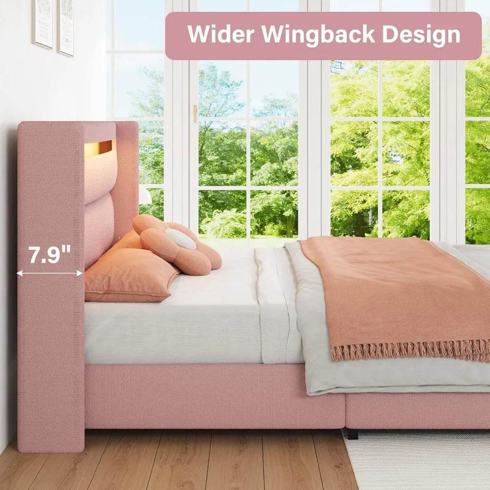 Frame with LED Lights and Headboard, Boucle Upholstered Platform Bed with Wingback Design, Modern Soft Bed Fram - Omega Lifestyles