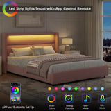 Frame with LED Lights and Headboard, Boucle Upholstered Platform Bed with Wingback Design, Modern Soft Bed Fram - Omega Lifestyles