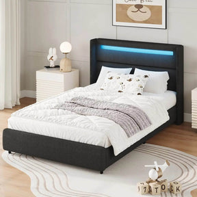 Frame with LED Lights and Headboard, Boucle Upholstered Platform Bed with Wingback Design, Modern Soft Bed Fram - Omega Lifestyles