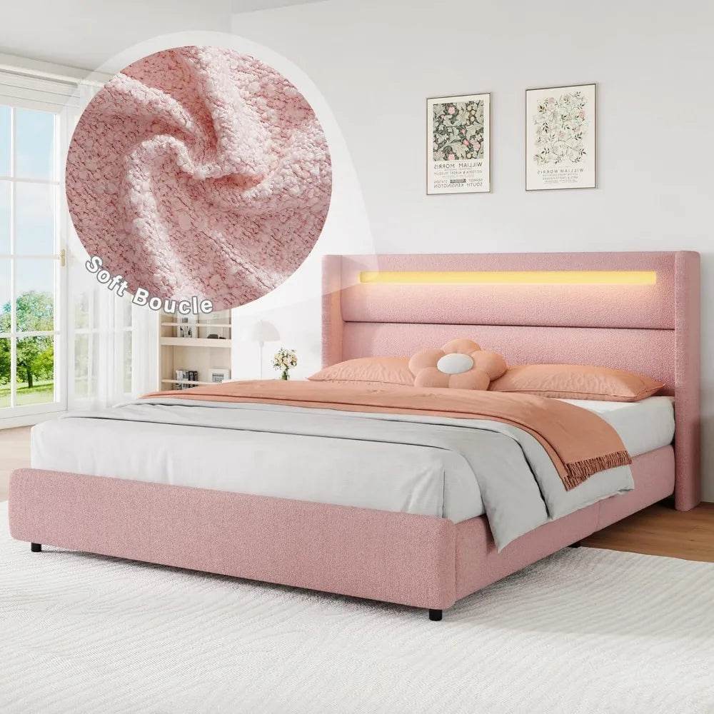 Frame with LED Lights and Headboard, Boucle Upholstered Platform Bed with Wingback Design, Modern Soft Bed Fram - Omega Lifestyles