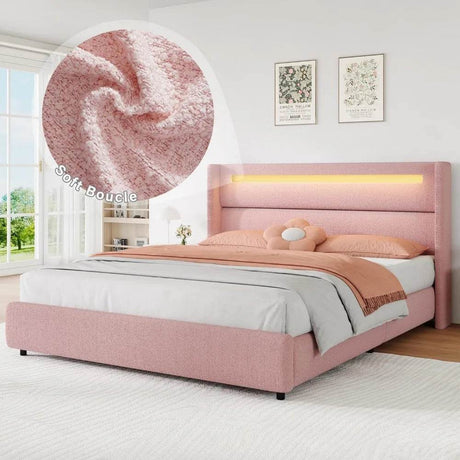 Frame with LED Lights and Headboard, Boucle Upholstered Platform Bed with Wingback Design, Modern Soft Bed Fram - Omega Lifestyles