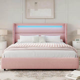 Frame with LED Lights and Headboard, Boucle Upholstered Platform Bed with Wingback Design, Modern Soft Bed Fram - Omega Lifestyles