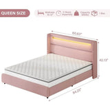 Frame with LED Lights and Headboard, Boucle Upholstered Platform Bed with Wingback Design, Modern Soft Bed Fram - Omega Lifestyles