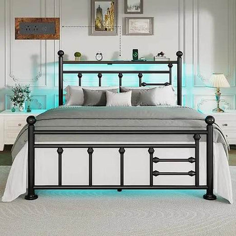 Full Bed Frame with Charging Station & LED Lights, Noise Free Metal Platform Full Size Bed Frames with Victorian Headboard and S - Omega Lifestyles