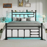 Full Bed Frame with Charging Station & LED Lights, Noise Free Metal Platform Full Size Bed Frames with Victorian Headboard and S - Omega Lifestyles